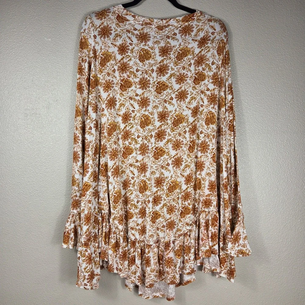 Free People Floral Tunic Top Womens S Boho Bell Sleeve Ruffle Hem Brown